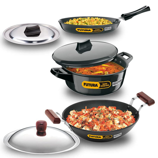 Hawkins Futura 4 Pieces Hard Anodised Induction Compatible Cookware Set 1 - 25cm Frying Pan With SS Lid, 2.5 Litres Deep Fry Pan With SS Lid and 3 Litres Cook-n-Serve Bowl with Hard Anodised Lid- IASET1