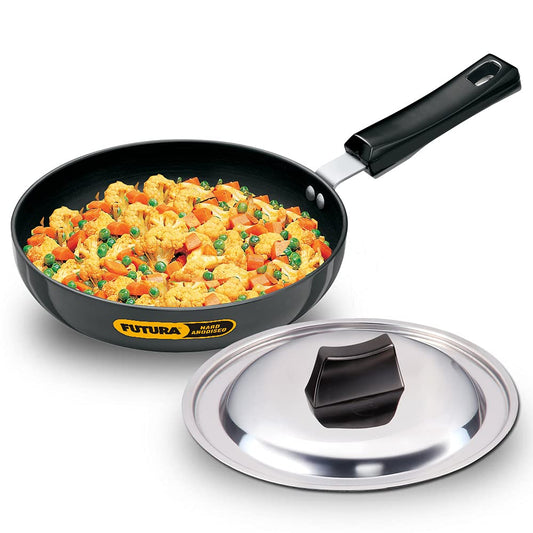 Hawkins Futura Hard Anodised Fry Pan, Rounded Sides With Stainless Steel Lid 22 cms | 4.06mm - AF 22RS