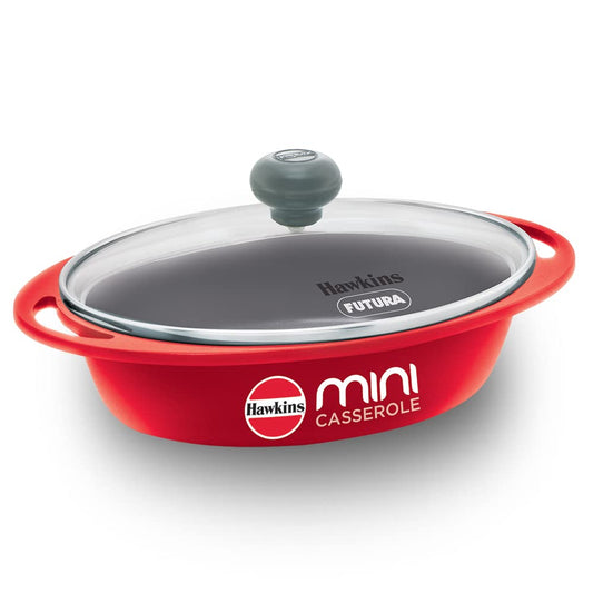 Hawkins Die-Cast Mini Casserole With Glass Lid 0.75 Litres, Oval Shaped Die-Cast pan for Cooking, Reheating, Serving and Storing, Red - DCR75G