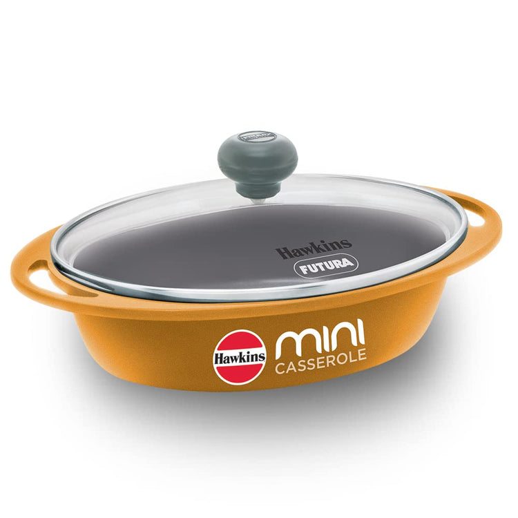 Hawkins Die-Cast Mini Casserole With Glass Lid 0.75 Litres, Oval Shaped Die-Cast pan for Cooking, Reheating, Serving and Storing, Yellow - DCY75G