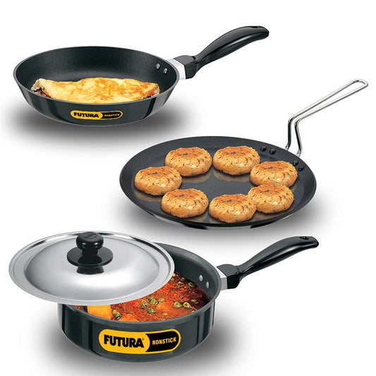 Hawkins Futura 3 Pieces Non Stick Cookware Set 1 - 30cm Flat Tava, 22cm Frying Pan and 2 Litres Curry Pan with One Stainless Steel Lid - NSET1