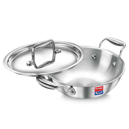 Prestige Tri-Ply Splendid Kadai with Stainless Steel Lid | Induction Compatible | Thick Gauge Tri-Ply Body | Perma Cool Handles