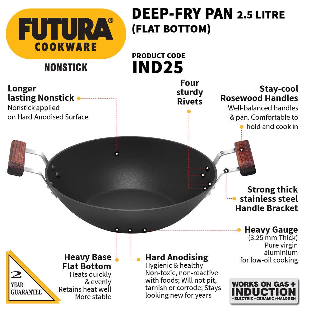 Hawkins Futura Non-stick Flat Bottom Induction Base Deep Fry Pan 2 Litres | 26 cms, 3.25mm - IND 25