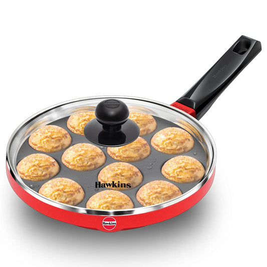 Hawkins Die-Cast Appe Pan | 12 Pits Paniyarakkal With Glass Lid 22cms, Red - NAPE22G