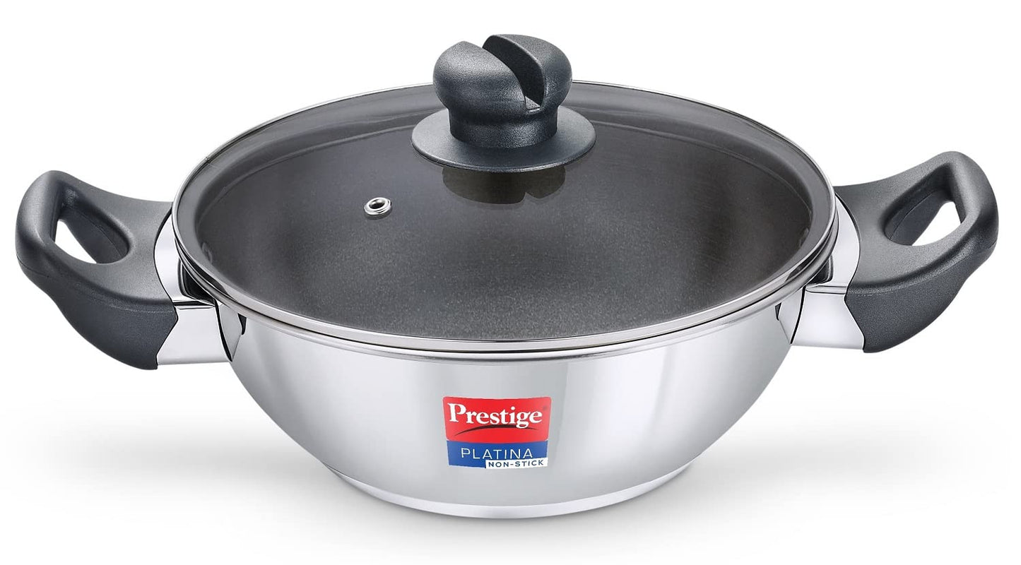 Prestige Platina Non-stick Stainless Steel Unique Impact Forged Bottom Kadai with Glass Lid 240mm - 36219