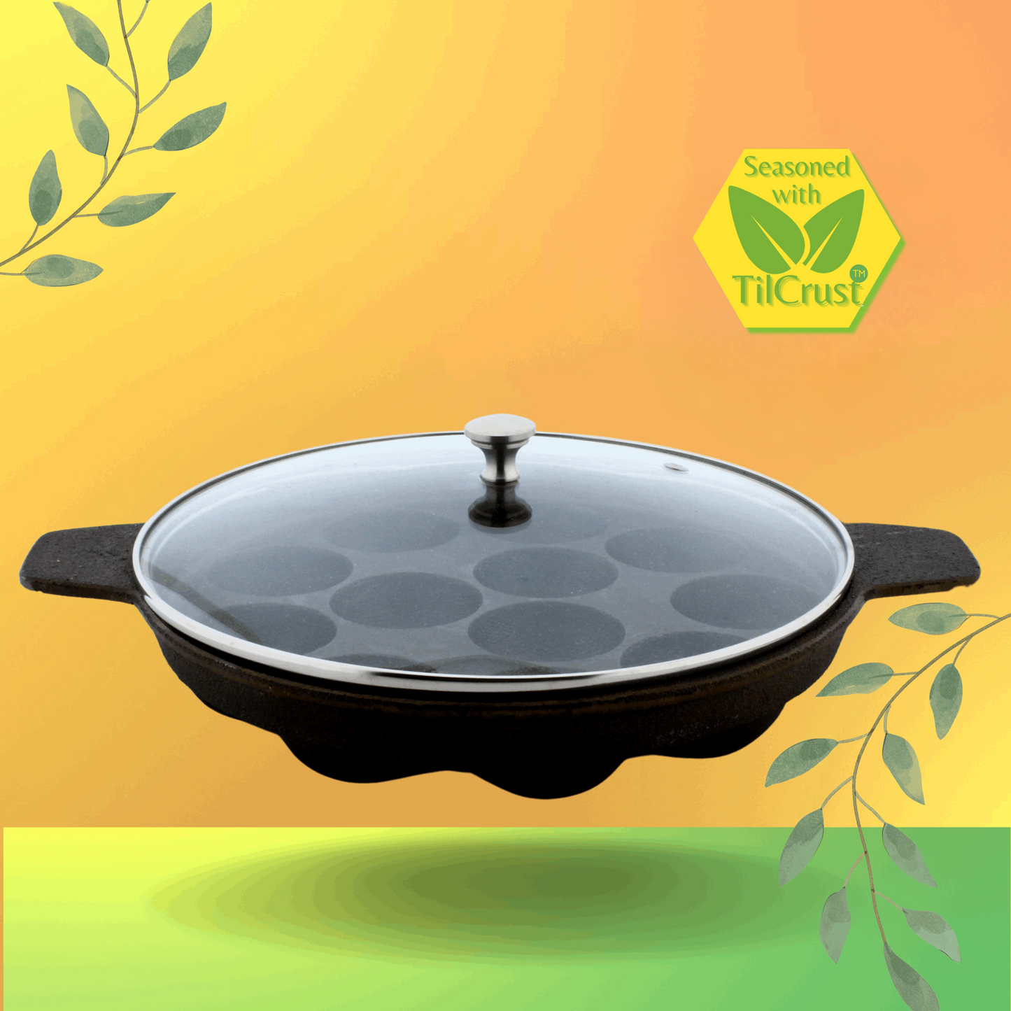 eKitchen ButterMold ButterMold Pre-Seasoned Cast Iron Round 12 Pits Paniyarakal | Paniyaram Pan | Paddu | with Lid - Induction Compatible