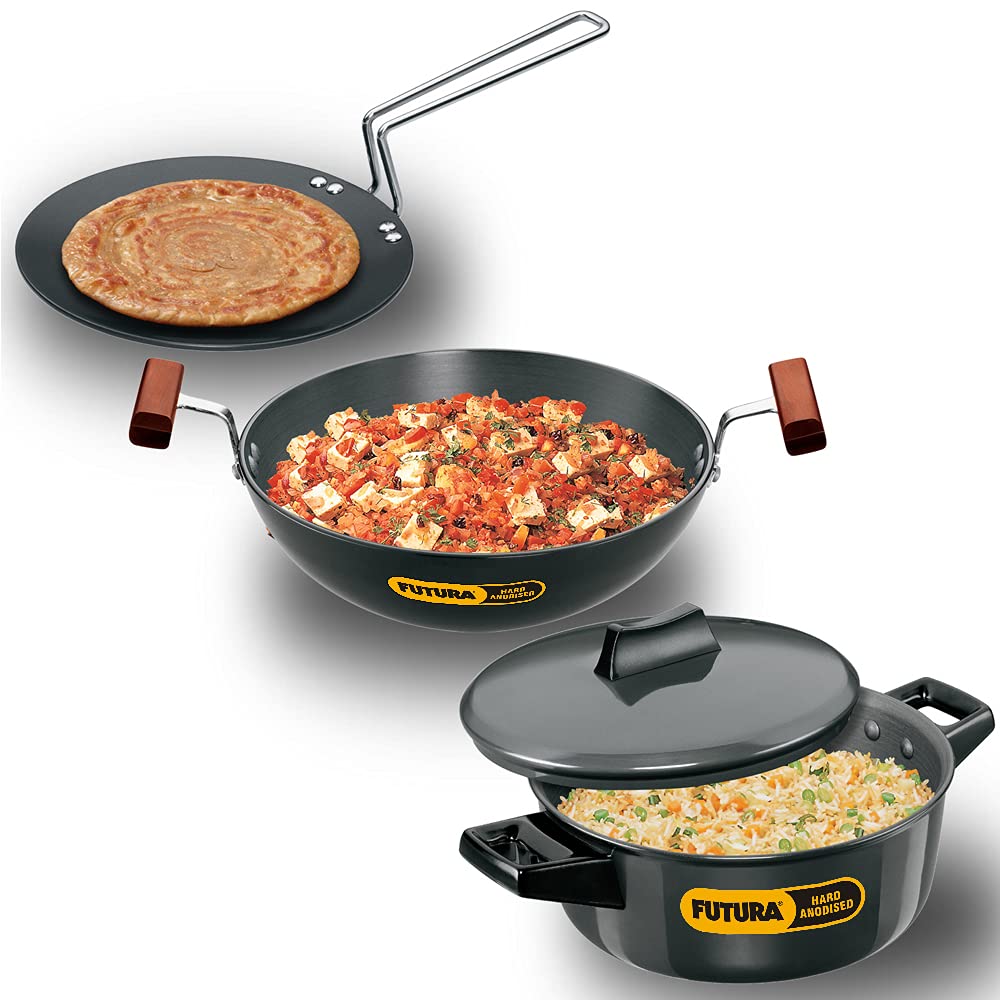 Hawkins Futura 3 Pieces Hard Anodised Cookware Set 4 - 22cm Tava, 2 Litres Cook and Serve Bowl with One Hard Anodised Lid and 1.5 Litres Deep Fry Pan - ASET4