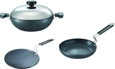 Prestige Build Your Kitchen Stainless Steel Kadhai Set, Set of 3, Black ( Fry Pan - 240 mm, Roti Tawa - 225 mm, Kadai - 240 mm )- 35044