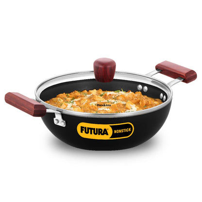 Hawkins Futura Non-stick Flat Bottom Deep Kadhai, Fry Pan With Glass Lid 2.5 Litres | 24 cms, 3.25mm, Induction Base - INDK 25G