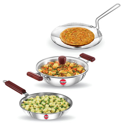 Hawkins Triniti 3 Pieces Triply Stainless Steel Cookware Set (Frying Pan 26cm, Tava 26cm, Deep-Fry Pan with Glass Lid 2.5 Litres) - SSET1