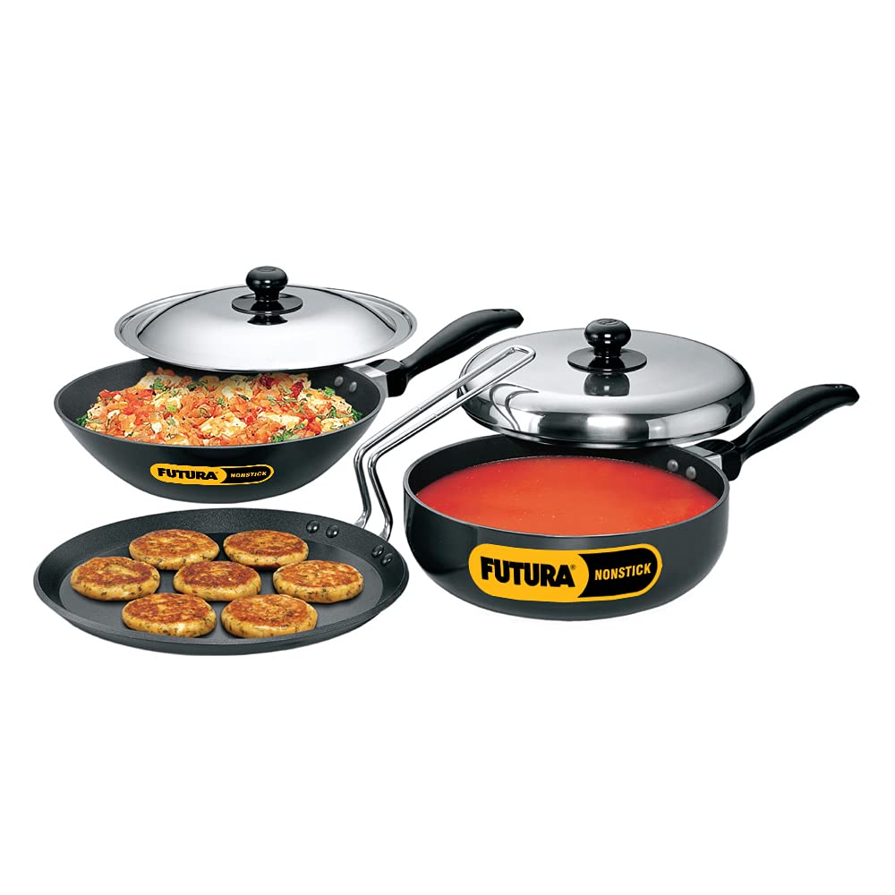 Hawkins Futura 3 Pieces Non Stick Cookware Set No. 3 - 26cm Flat Tava, 2.5 Litres All Purpose Pan and 2 Litres Stir Fry Pan with One Stainless Steel Lid - NSET3