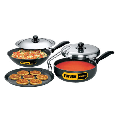 Hawkins Futura 3 Pieces Non Stick Cookware Set No. 3 - 26cm Flat Tava, 2.5 Litres All Purpose Pan and 2 Litres Stir Fry Pan with One Stainless Steel Lid - NSET3