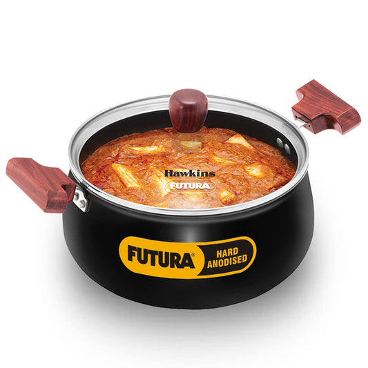 Hawkins Futura Hard Anodised Cook n Serve Handi With Glass Lid 4 Litres | 22cm, 3.25mm, Induction Base - IACH 40G