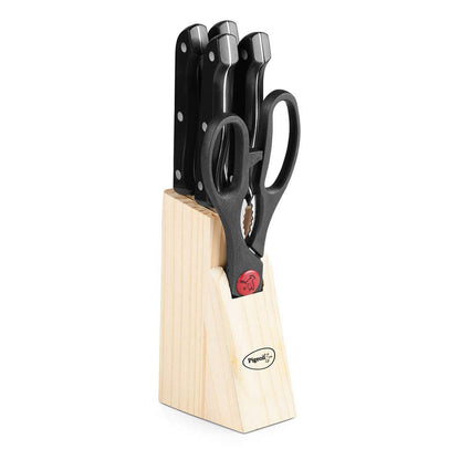 Pigeon Stainless Steel Knife Set 6 Pcs With Wooden Block , Black - 14185