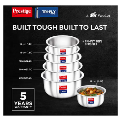 Prestige Tri-ply Stainless Steel Induction Base Tope 6 PCS Set - 38289 (12cm,14cm,16cm,18cm,20c,22cm)