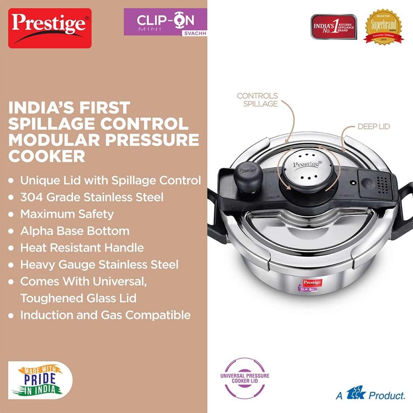 Prestige Svachh 2 Litres Stainless Steel Outer Lid Pressure Cookers, with Deep Lid for Spillage Control - 20237