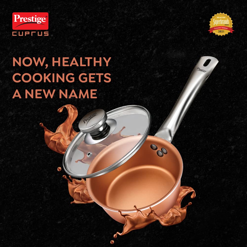 Prestige Cuprus Aluminium Gas and Induction Compatible Non-Stick Sauce Pan with Glass Lid, 16 cm, 1.1 Litres (Copper) - 37482