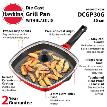 Hawkins Die-Cast Nonstick Grill Pan With Glass Lid 30cms - DCGP 30G