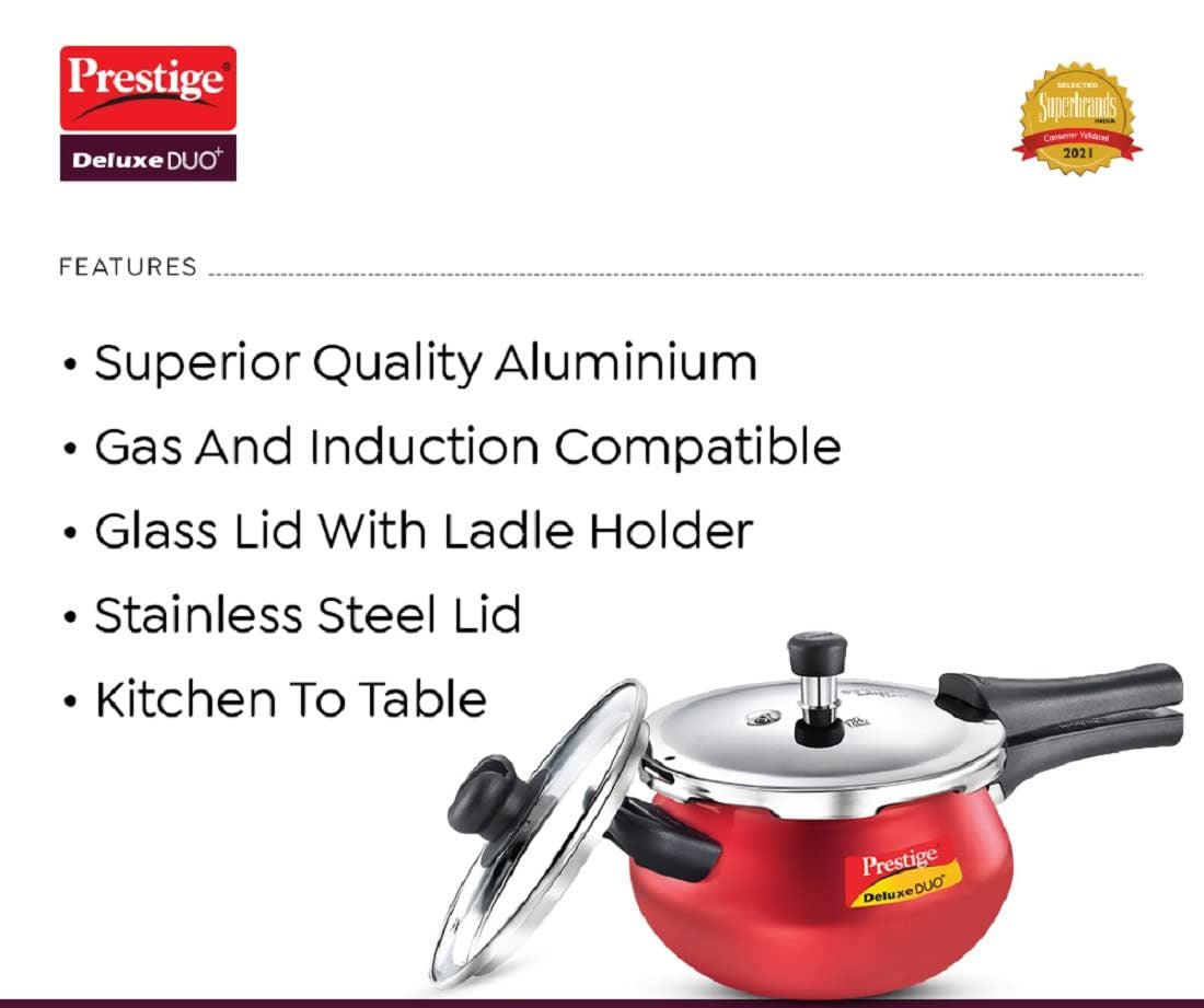 Prestige Deluxe Duo Plus Induction Base Aluminum Pressure Cooker, 1.5 Litres, Silky Red - 10722