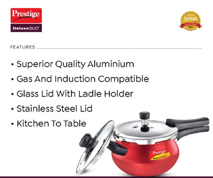 Prestige Deluxe Duo Plus Induction Base Aluminum Pressure Cooker, 1.5 Litres, Silky Red - 10722