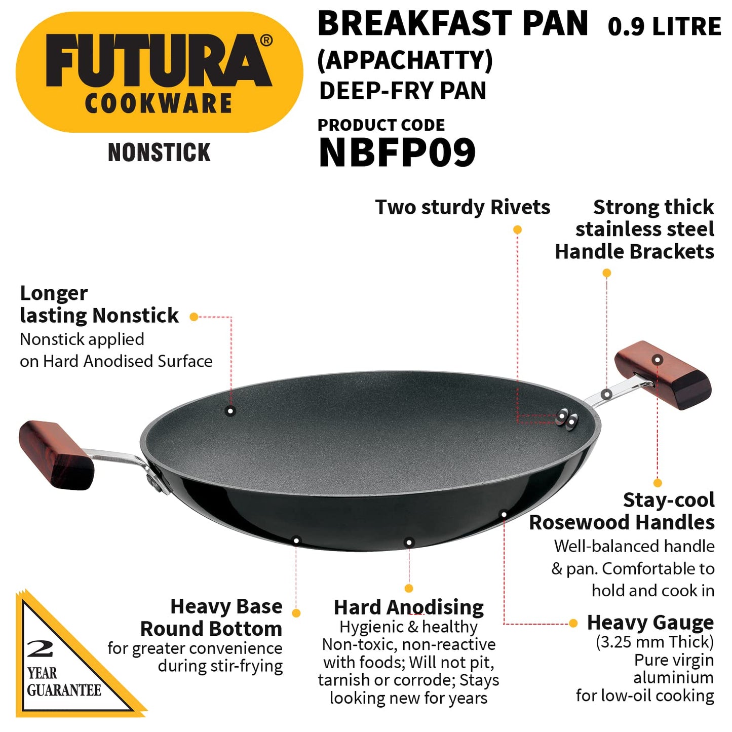 Hawkins Futura Non-stick Round Bottom Appachatty, Breakfast Pan 0.9 Litres | 22 cms, 3.25mm - NBFP 09