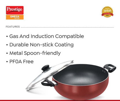 Prestige Omega Deluxe Induction Base Non-Stick Aluminium Deep Kadhai With Glass Lid, Red 280mm | 5 Litres - 36726
