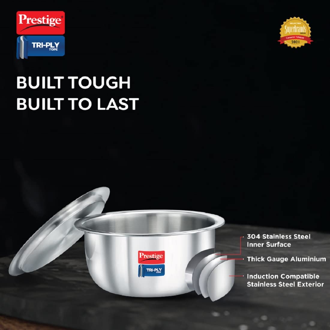 Prestige Tri-ply Stainless Steel Induction Base Tope with Lid 240mm | 5 Litres - 37472
