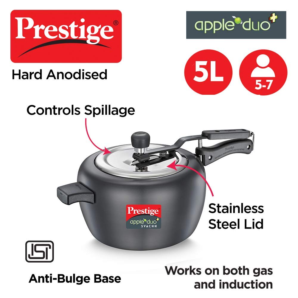 Prestige Apple DUO Plus Svachh Hard Anodised Inner Lid Pressure Cooker, 5.0 Litres (Black) - 20264