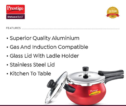 Prestige Deluxe Duo Plus Induction Base Aluminum Pressure Cooker, 3.3 Litres, Silky Red - 10724
