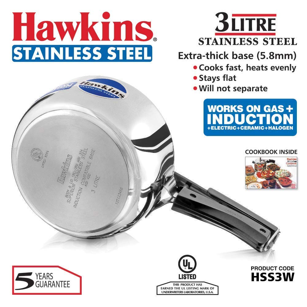 Hawkins Stainless Steel Induction Compatible Inner Lid Pressure Cooker, 3 Litres Wide - HSS3W