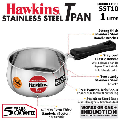 Hawkins 1 Litre Tpan, Stainless Steel Tea Pan, Induction Base Sauce Pan, Chai Pan, Small Pan - SST10