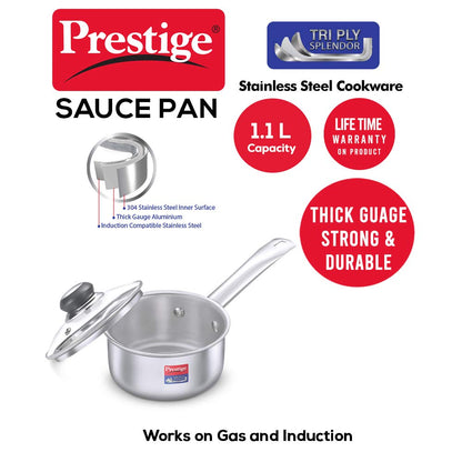 Prestige Tri-ply Splender Stainless Steel Sauce Pan with Lid 140mm | 1.1 Litres - 37416