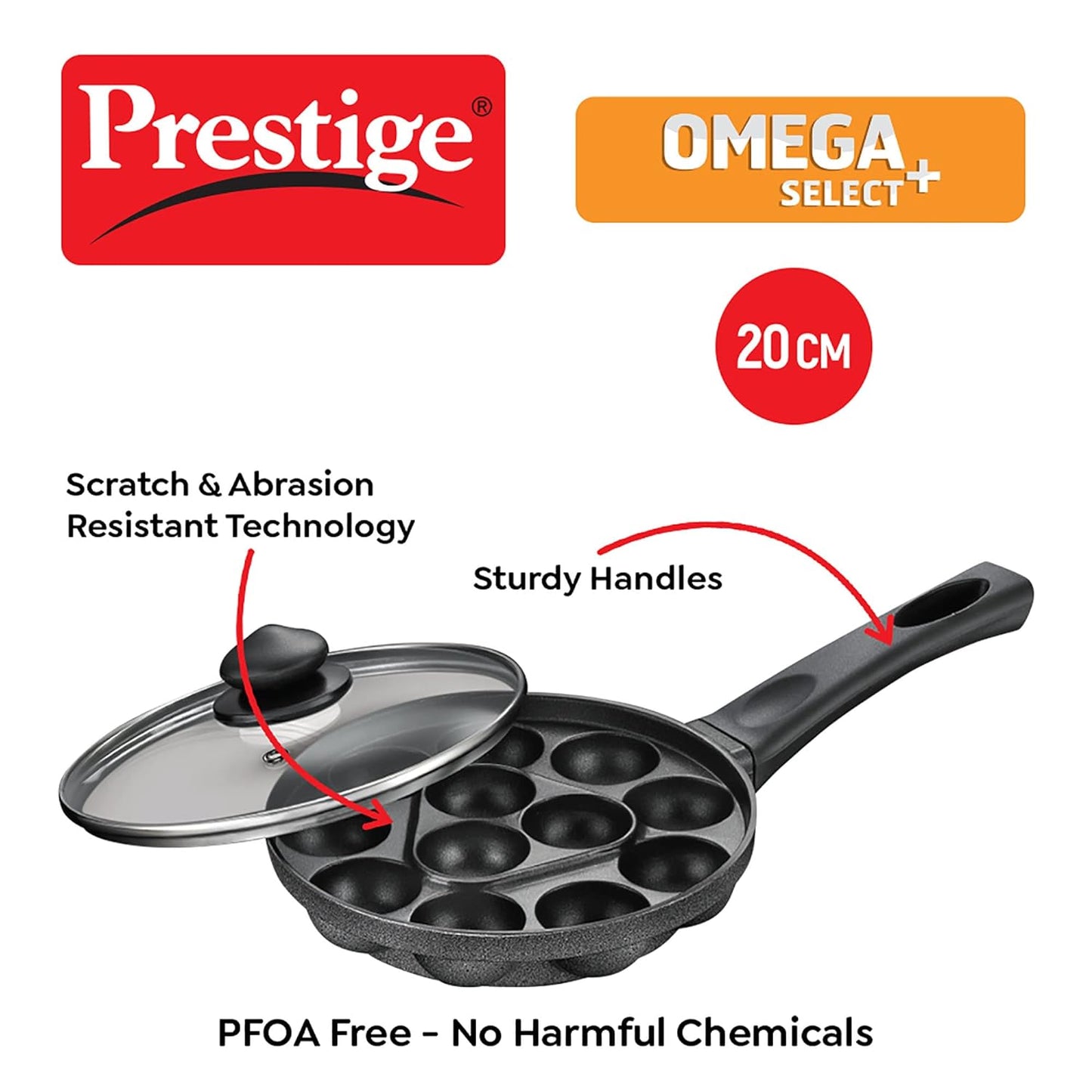 Prestige Omega Select Plus Non Stick Paniyarakkal | Paniyaram Pan with Lid 20cms | 12 Pits - 30348