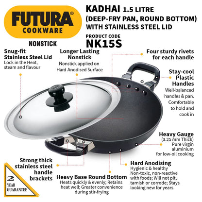 Hawkins Futura Non-stick Round Bottom Kadhai, Deep Fry Pan With Stainless Steel Lid 1.5 Litres | 22 cms, 3.25mm - NK 15S