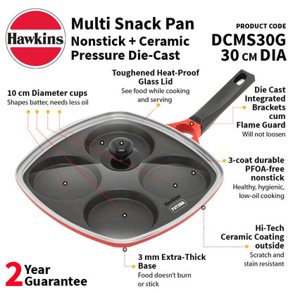 Hawkins Die-Cast Nonstick Multi Snack Pan with Glass Lid, Mini Uttapam Tawa, Pancake Pan, Red 30cms - DCMS 30G