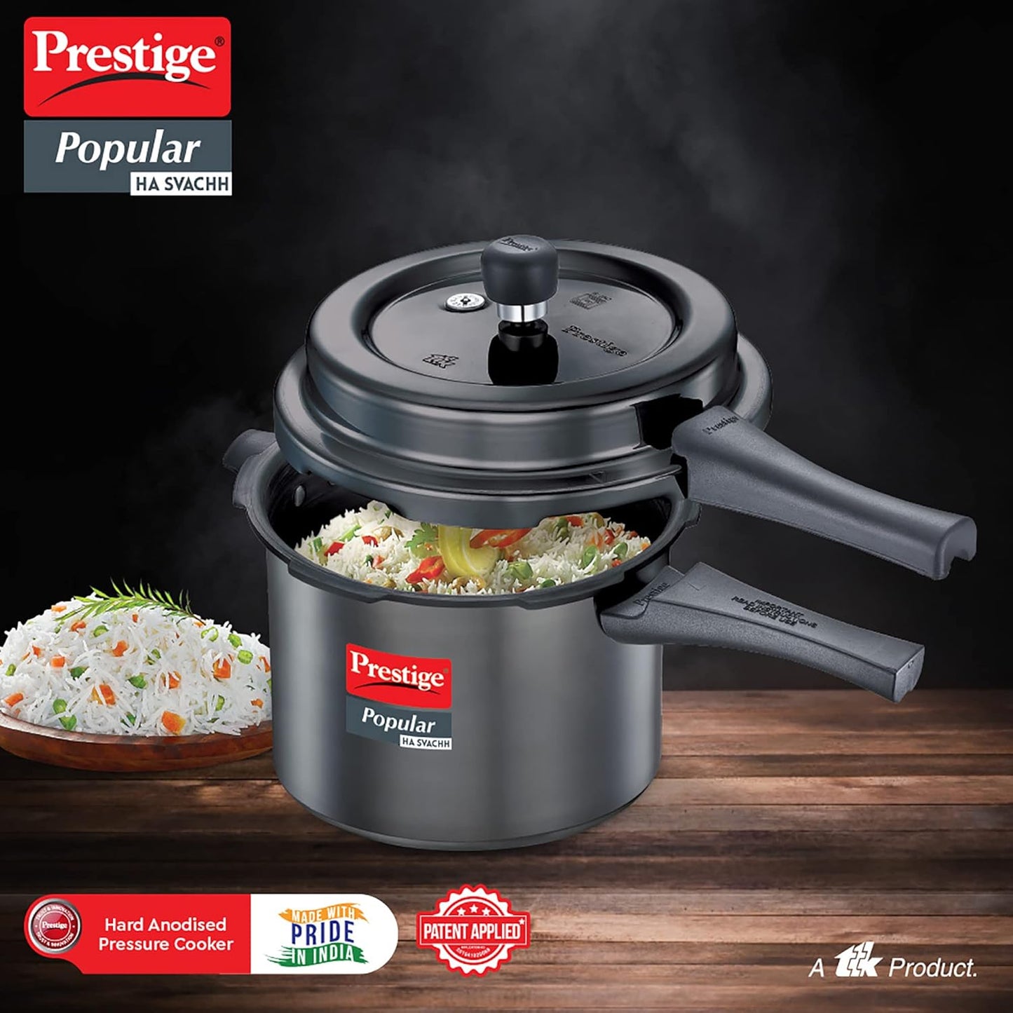 Prestige Popular Svachh Hard Anodised Pressure Cooker 5.0 Litres, Black, Deep Lid-Controls Spillage - 20337