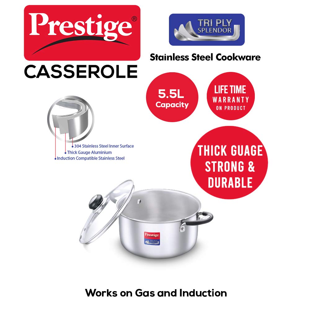 Prestige Tri-ply Splender Stainless Steel Casserole 220mm | 4.25 Litres - 37420