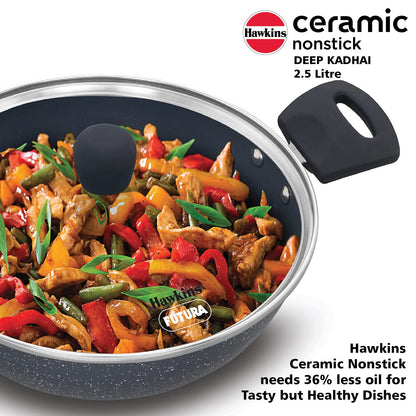 Hawkins Ceramic Nonstick 2.5 Litres Induction Base Granite Deep Kadhai With Glass Lid 24 cms- ICK25G