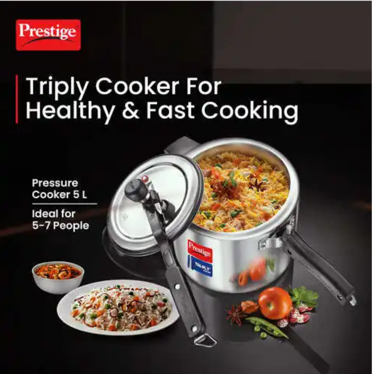 Prestige Triply Svachh Inner Lid Pressure Cooker 5 Litres, Three-Layer Design | Visual Pressure Indicator | Gas And Induction Compatible - 20715