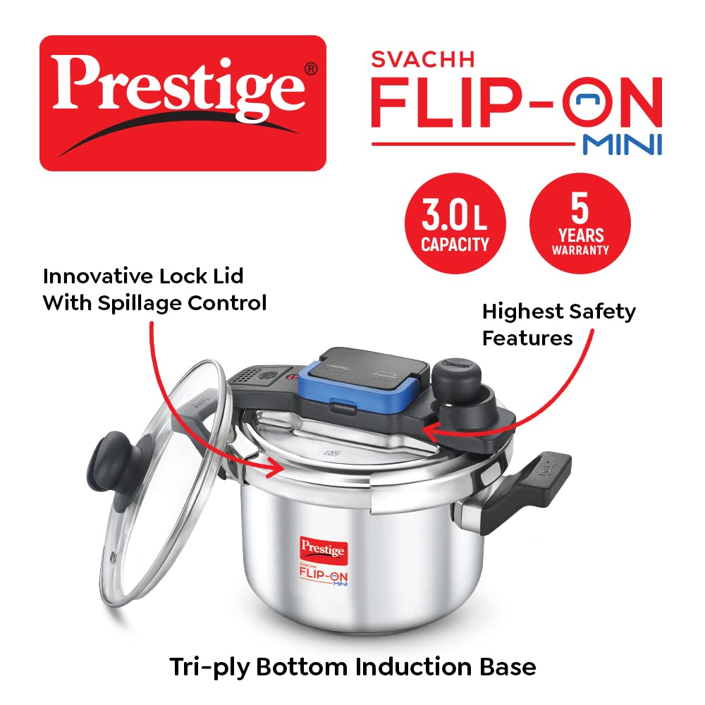 Prestige Svachh FLIP-ON Mini SS Pressure Cooker 18 cm-3 Litres with Glass Lid - 20165