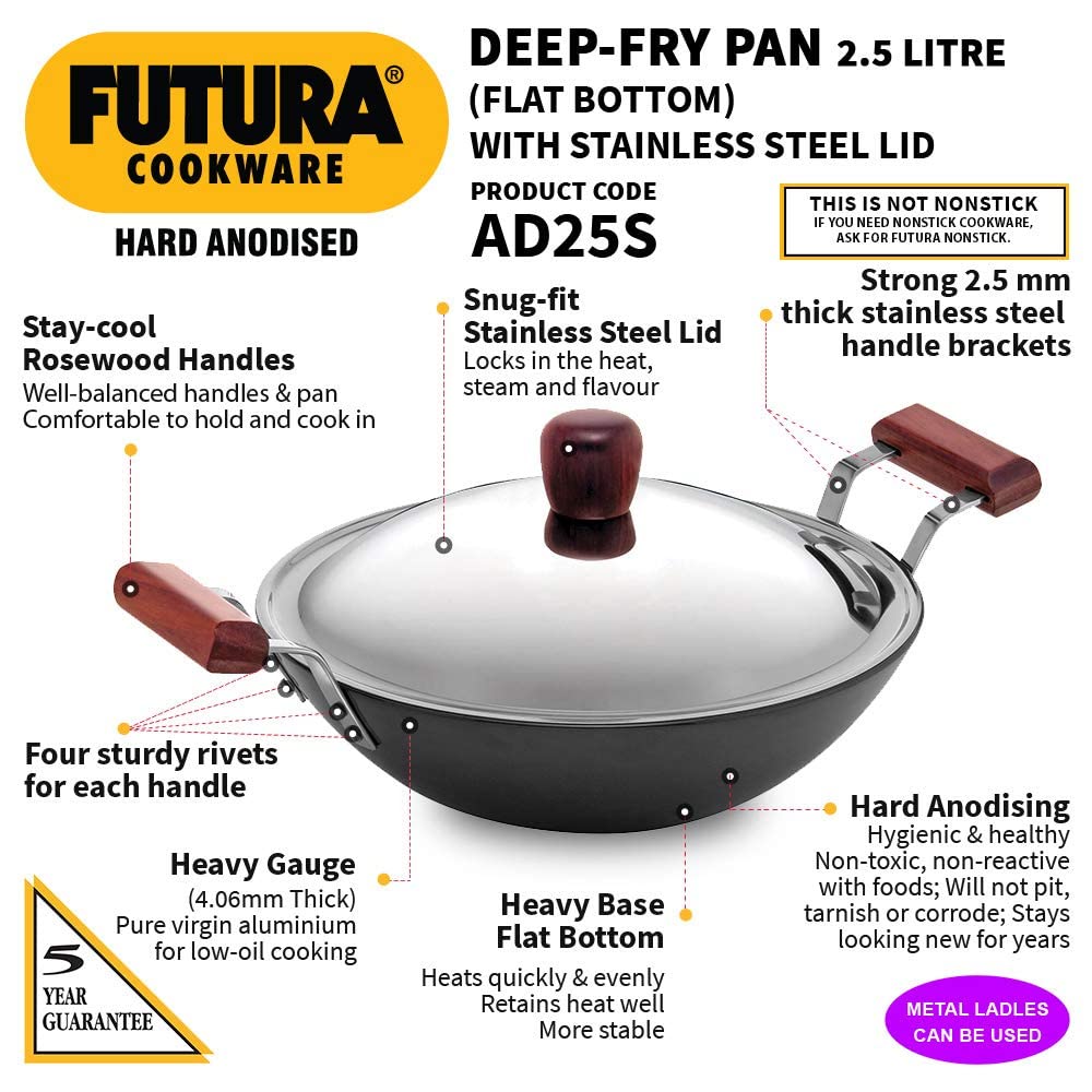 Hawkins Futura Hard Anodised Flat Bottom Deep Fry Pan With Stainless Steel Lid 2.5 Litres | 26 cms, 4.06mm - AD 25S