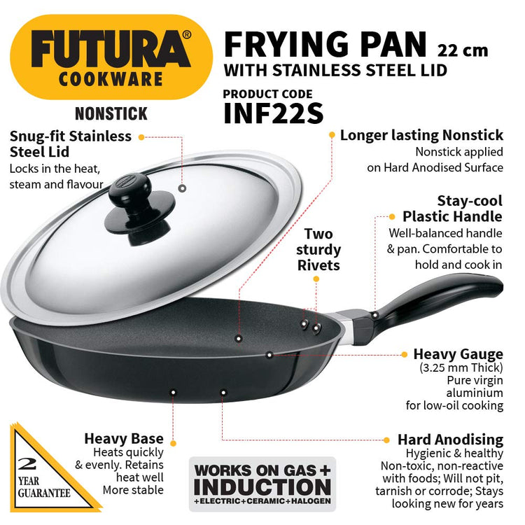 Hawkins Futura Non-stick Fry Pan With Stainless Steel Lid 22 cms, 3.25mm, Induction base - INF 22S