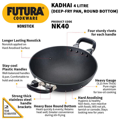 Hawkins Futura Non-stick Round Bottom Kadhai, Deep Fry Pan 4 Litres | 30 cms, 3.25mm - NK 40