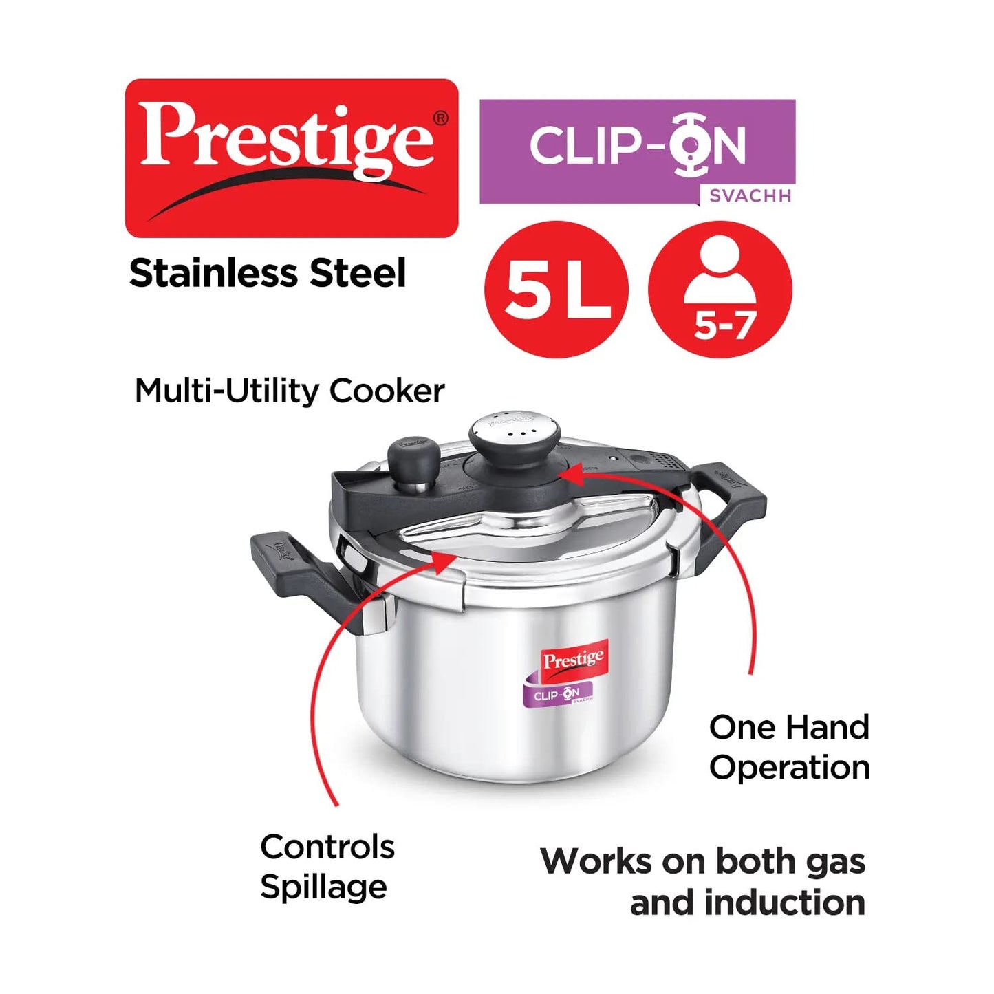 Prestige Svachh Clip-on 5 Litre Stainless Steel Outer Lid Pressure Cooker - 20230