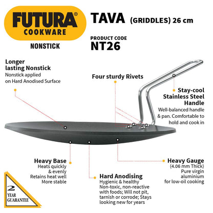 Hawkins Futura Non-stick Tava With Stainless Steel Handle 26cms, 4.06 mm - NT 26