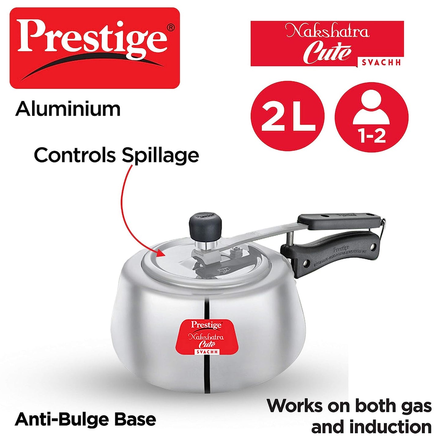 Prestige Nakshatra Cute Svachh Aluminium Pressure, 2.0 Litres (Polished) - 10786