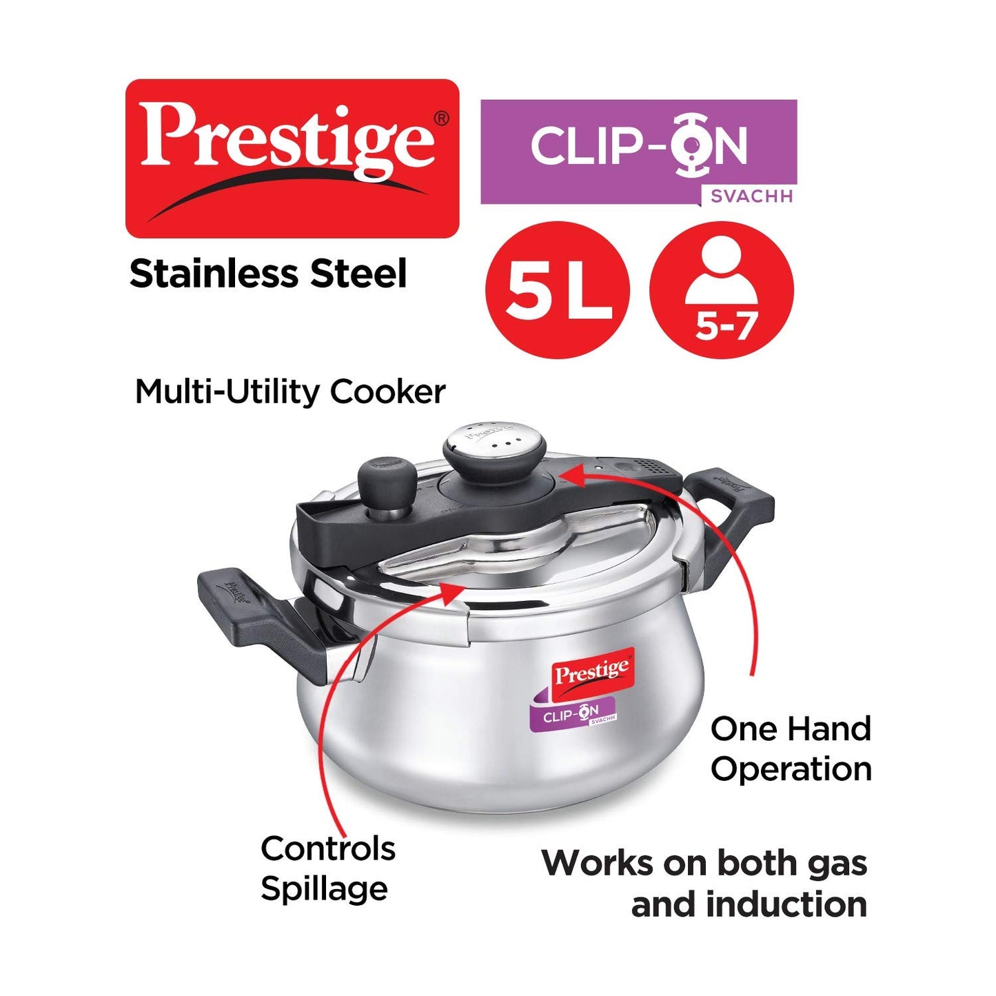 Prestige Svachh Clip-on 5 Litres Stainless Steel Outer Lid Pressure Handi - 20233