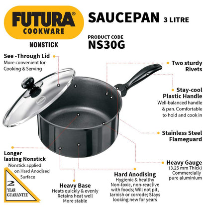 Hawkins Futura Non-stick Sauce Pan With Glass Lid 3 Litres | 20cm, 3.25mm- NS 30G