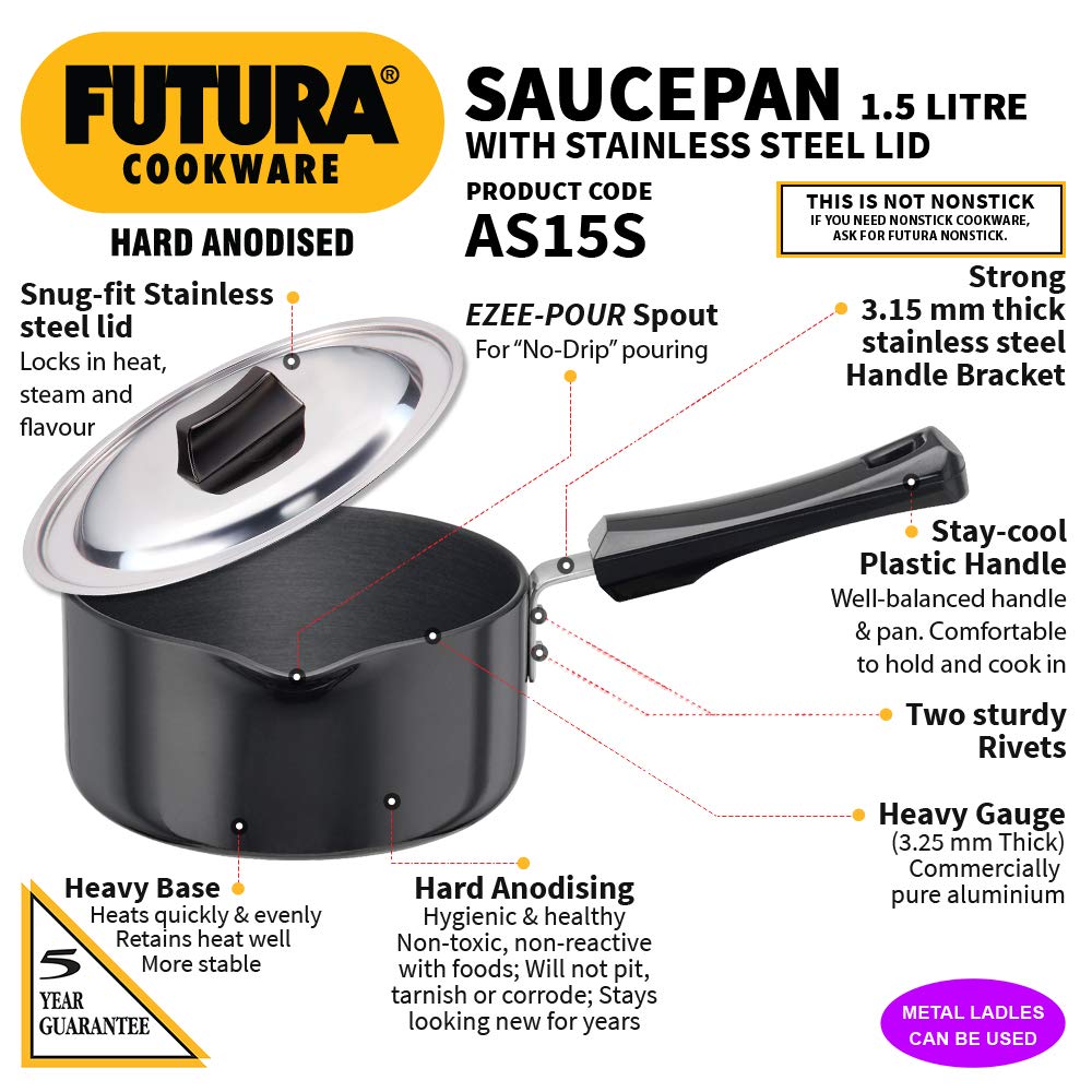 Hawkins Futura Hard Anodised Sauce Pan With Stainless Steel Lid 1.5 Litres | 16cm, 3.25mm - AS 15S