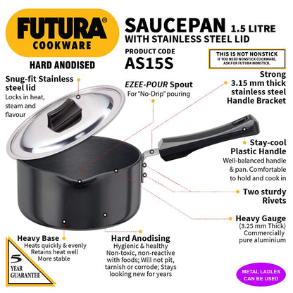 Hawkins Futura Hard Anodised Sauce Pan With Stainless Steel Lid 1.5 Litres | 16cm, 3.25mm - AS 15S